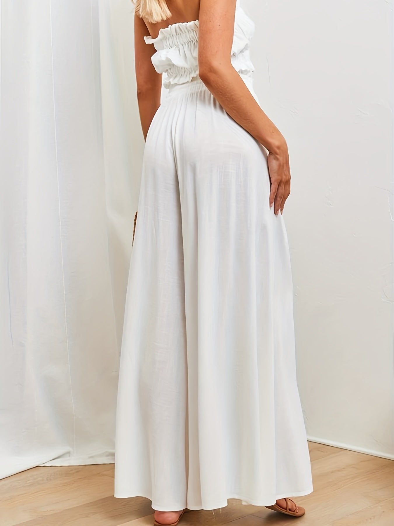 Boho Drawstring Wide Leg Pants, Casual Smocked Waist Elastic Palazzo Pants For Spring & Summer, Women's Clothing