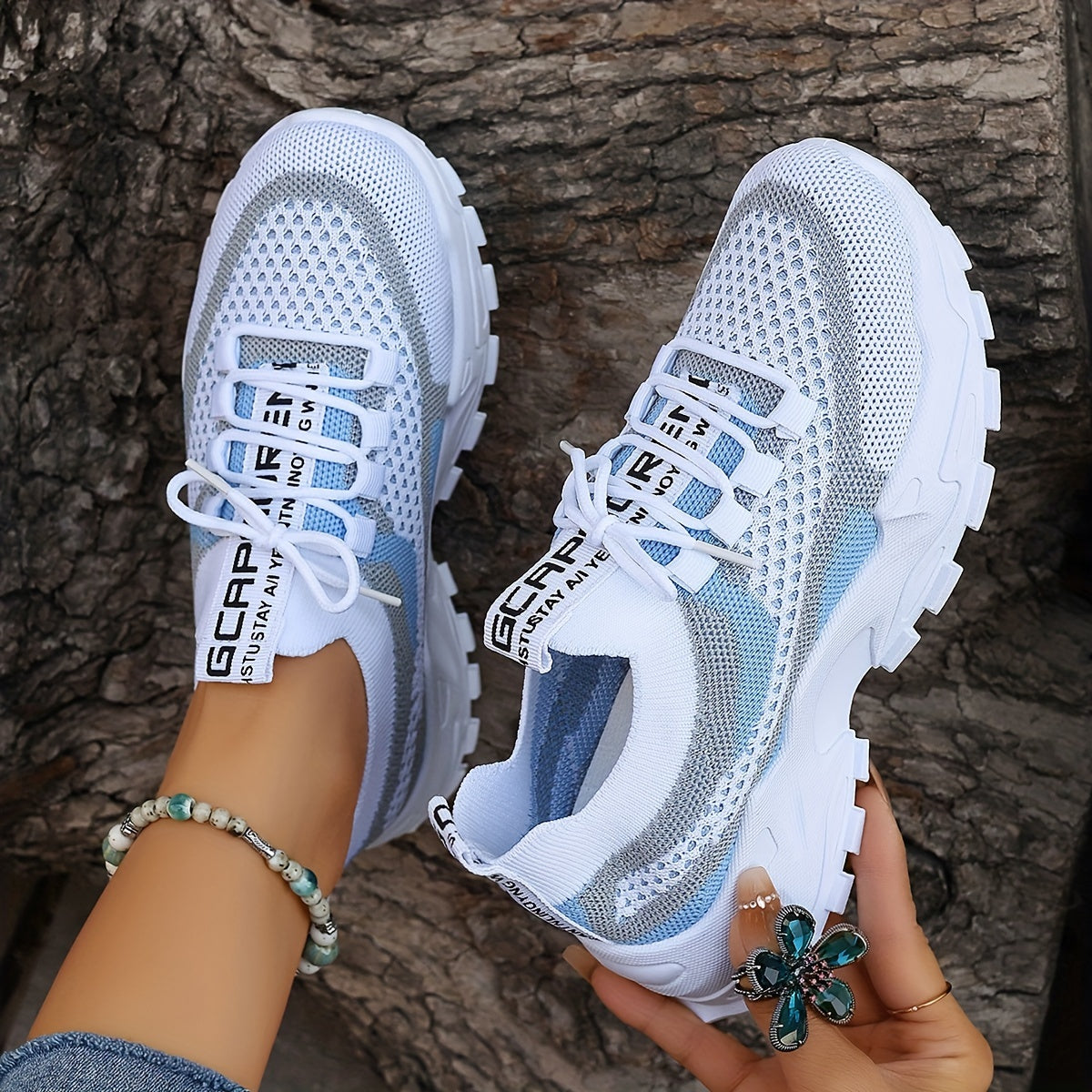 Women'S Color-Blocked Casual Sneakers, Breathable Lace-Up Running Shoes with Flying Woven Design, Stylish Mesh Platform Casual Footwear.