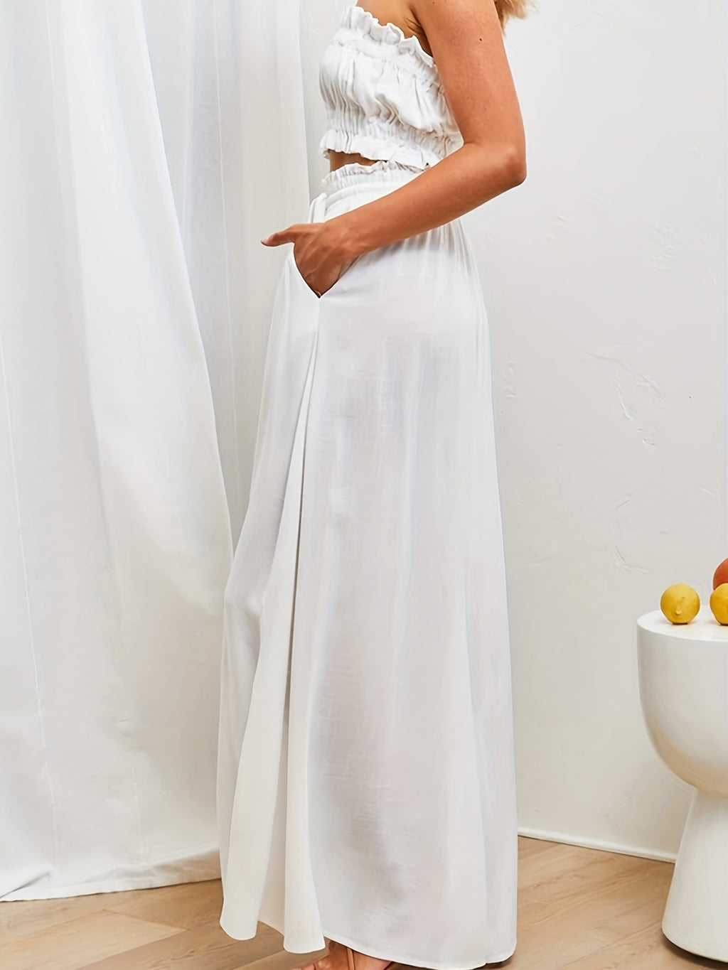 Boho Drawstring Wide Leg Pants, Casual Smocked Waist Elastic Palazzo Pants For Spring & Summer, Women's Clothing