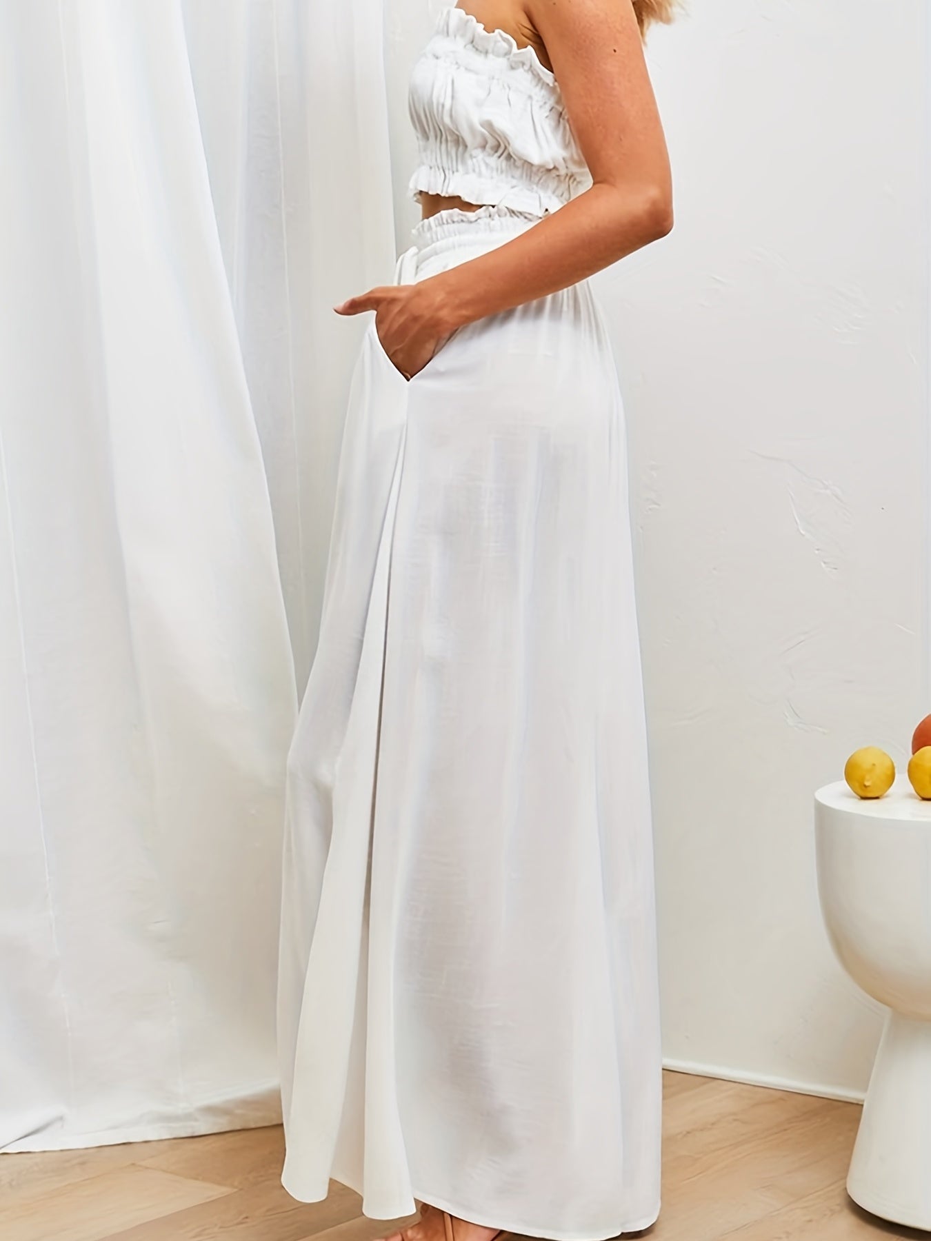 Boho Drawstring Wide Leg Pants, Casual Smocked Waist Elastic Palazzo Pants For Spring & Summer, Women's Clothing