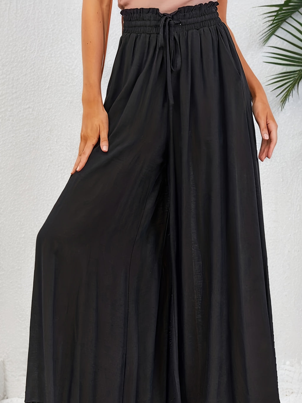 Boho Drawstring Wide Leg Pants, Casual Smocked Waist Elastic Palazzo Pants For Spring & Summer, Women's Clothing