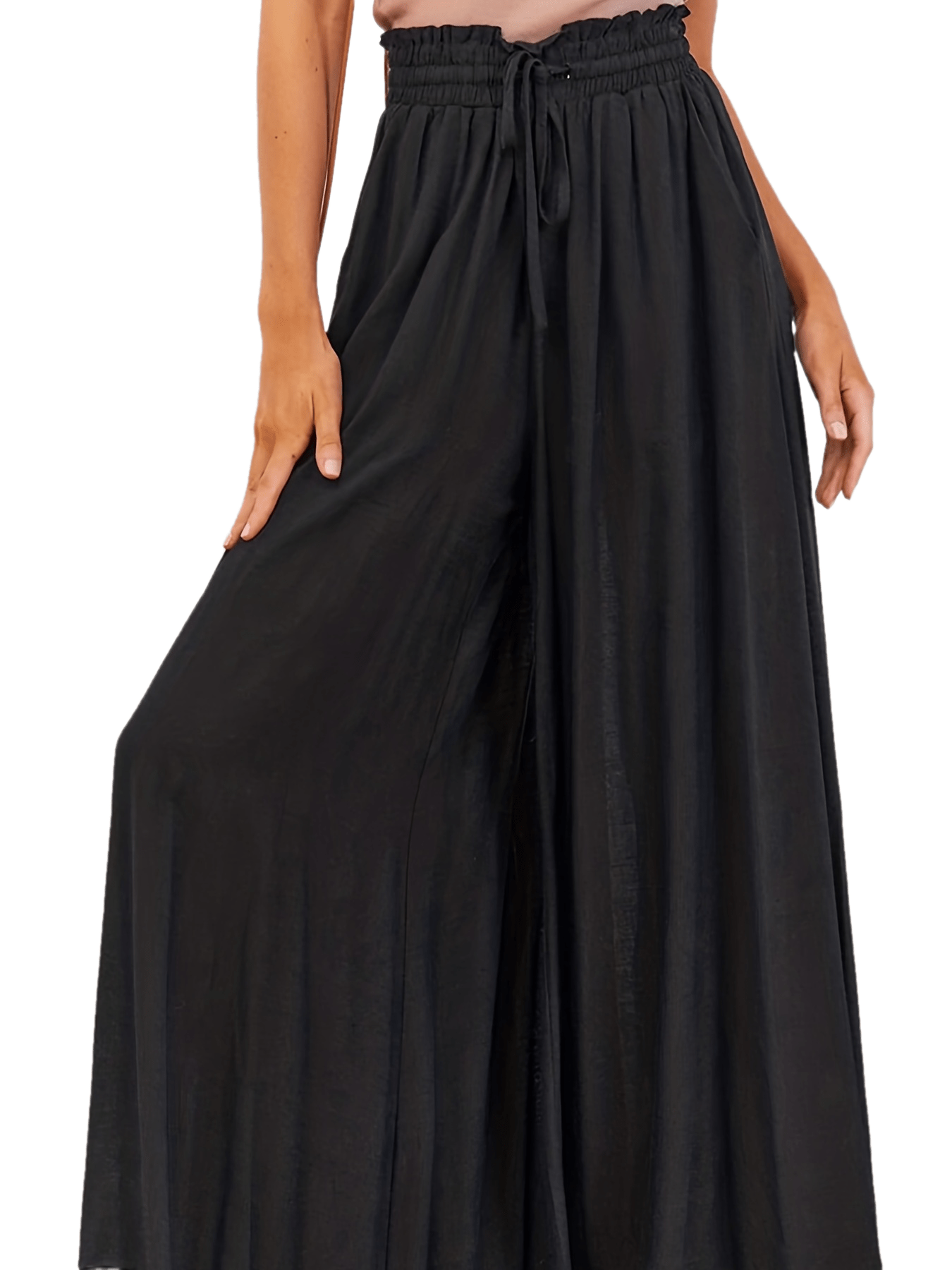 Boho Drawstring Wide Leg Pants, Casual Smocked Waist Elastic Palazzo Pants For Spring & Summer, Women's Clothing