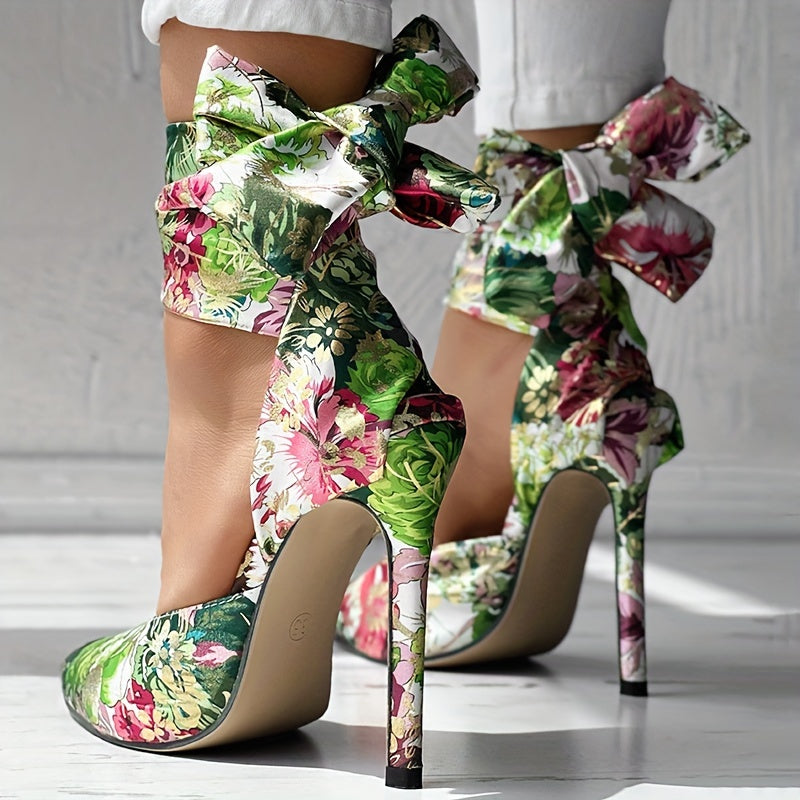 Women's Floral Printed Satin High Heels, Fashion Pointed Toe Lace Up D'Orsay Stiletto Sandals, Party & Dress Pumps