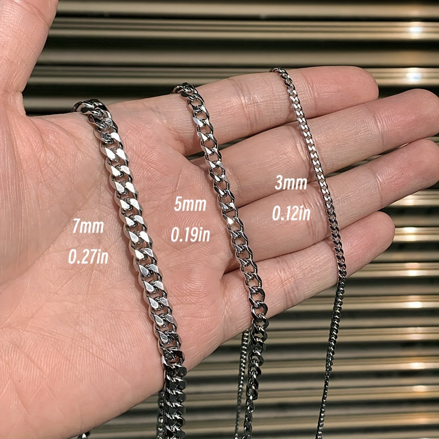 3mm 5mm 7mm Wide Stainless Steel Cuban Link Chain Necklace - Punk Rock Style Unisex Adjustable 16/20/24 Inch Edgy Jewelry for Men & Women, Durable Choker for Casual & Formal Wear, Bold Design, Polished Finish, Fashion Enthusi