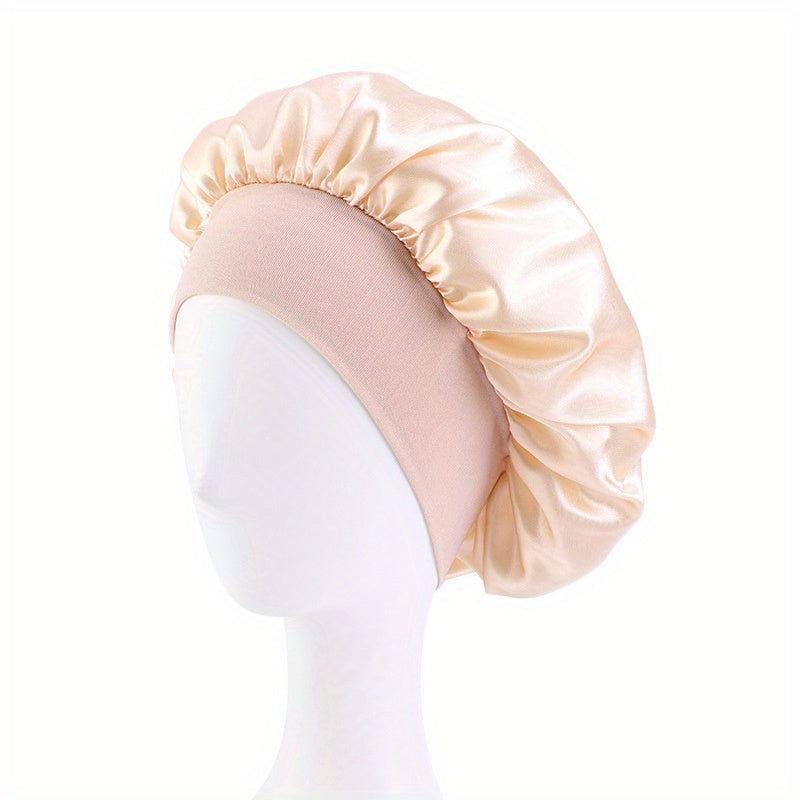Solid Color Wide Elastic Band Satin Sleep Bonnet Soft Night Sleeping Cap For Women