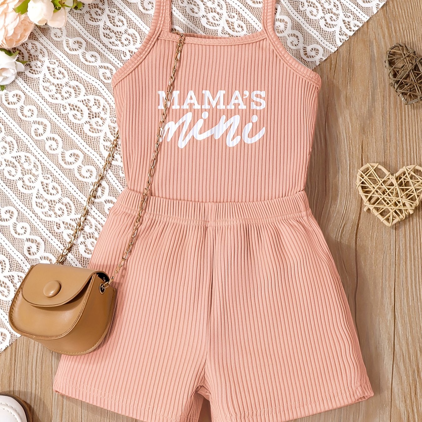 2pcs Toddler Girls Letter "MAMA'S MINI" Graphic Cami Top & Elastic Waist Shorts Set Kids Summer Outdoor Clothes