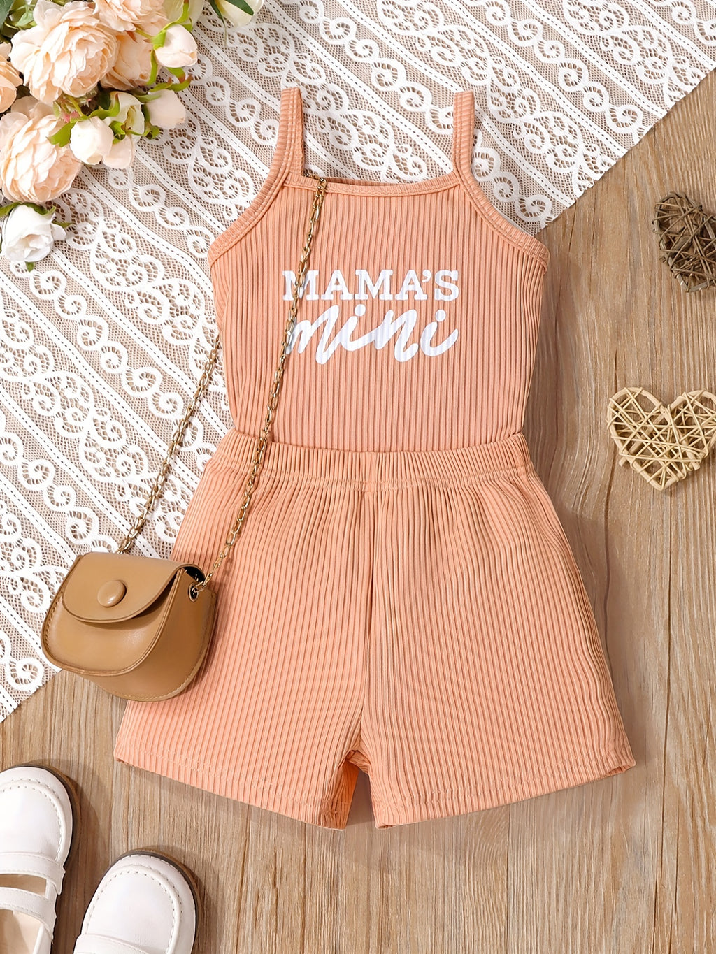 2pcs Toddler Girls Letter "MAMA'S MINI" Graphic Cami Top & Elastic Waist Shorts Set Kids Summer Outdoor Clothes