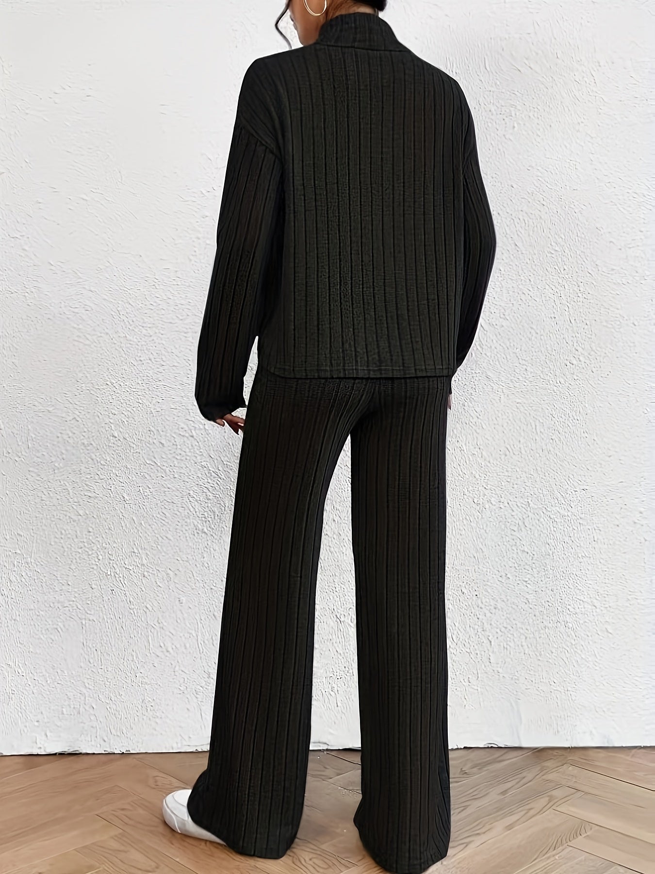 Solid Ribbed Two-piece Set, Casual Mock Neck T-shirt & Wide Leg Pants Outfits, Women's Clothing
