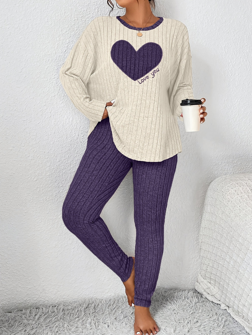Plus Size Heart Fitted Long Sleeve And Long Pants Loungewear Set