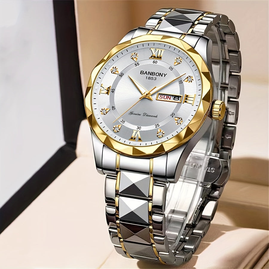 1pc Stainless Steel Strap Men'S Roman Numerals Dial Rhinestones Multifunctional Watch, Ideal for Birthday, Holiday Gifts Valentine'S Day