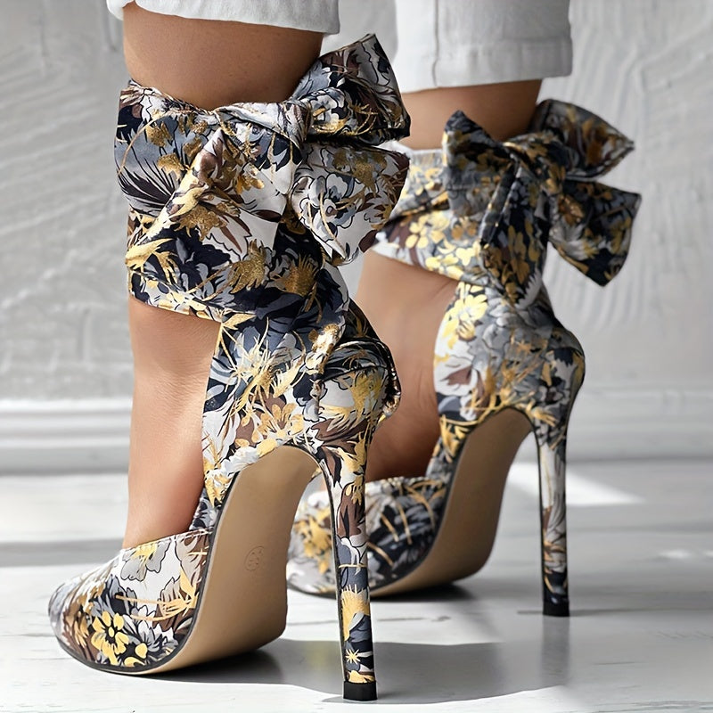 Women's Floral Printed Satin High Heels, Fashion Pointed Toe Lace Up D'Orsay Stiletto Sandals, Party & Dress Pumps