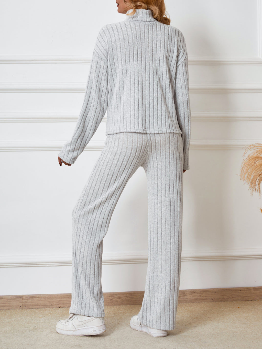 Solid Ribbed Two-piece Set, Casual Mock Neck T-shirt & Wide Leg Pants Outfits, Women's Clothing