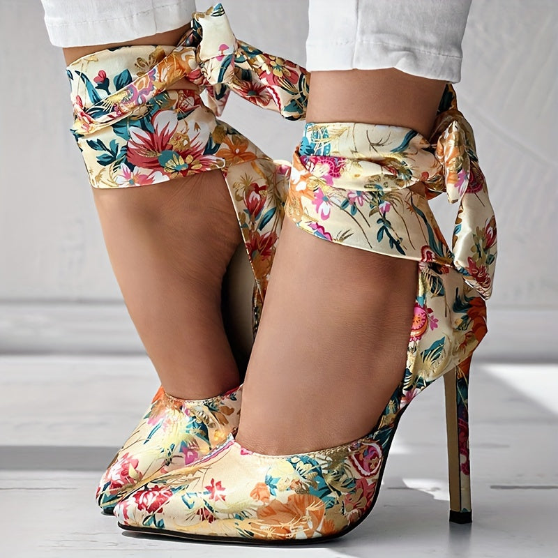 Women's Floral Printed Satin High Heels, Fashion Pointed Toe Lace Up D'Orsay Stiletto Sandals, Party & Dress Pumps