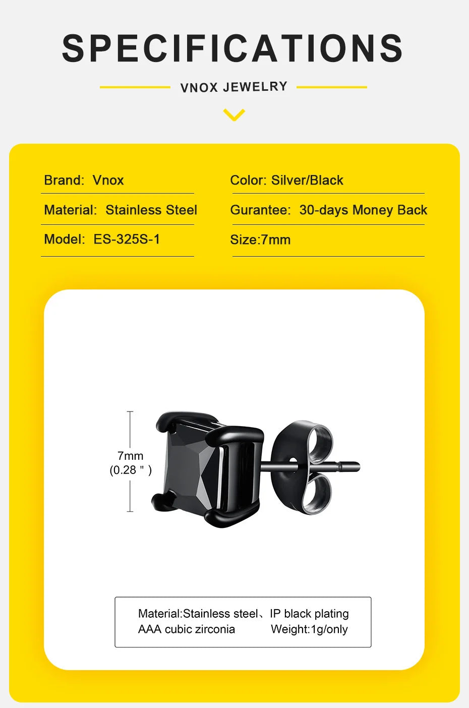 Vnox Punk Rock Stud Earrings for Men Women, Black Gothic Earrings, Stainless Steel Ear Jewelry with AAA CZ Stone, Cool Gift