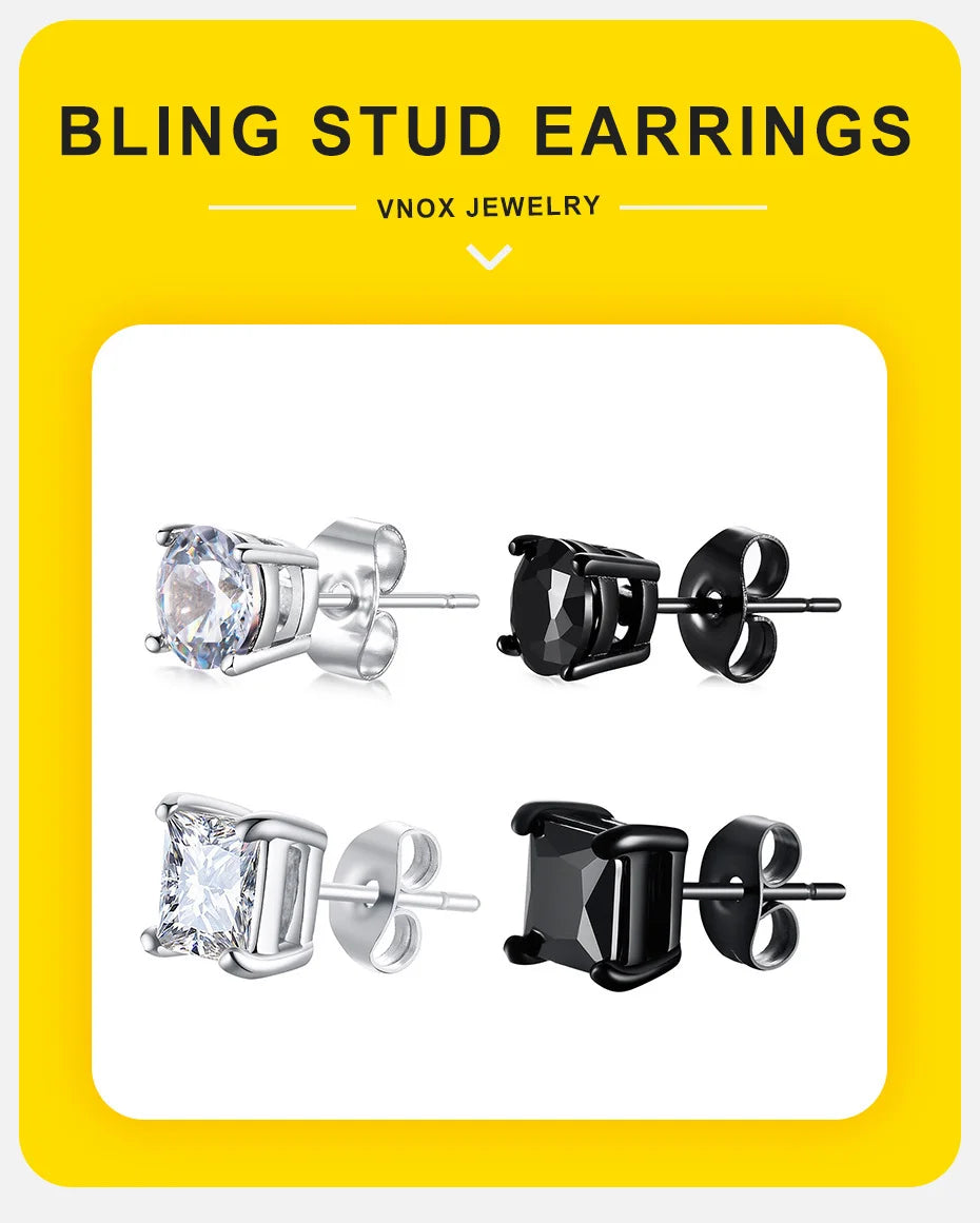 Vnox Punk Rock Stud Earrings for Men Women, Black Gothic Earrings, Stainless Steel Ear Jewelry with AAA CZ Stone, Cool Gift