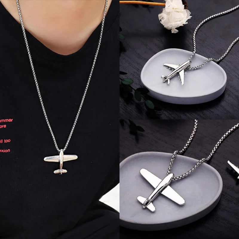 Stylish Aircraft Necklace Men Stainless Steel Link 70cm Long Pendant Collar Outdoor Leisure Neck Accessories Boyfriend Gift