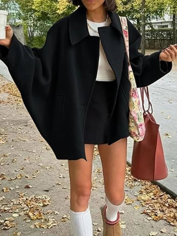 2025 Women's Oblique Button Loose Batwing Sleeve Jacket Coat Lapel Double Pocket Warm Solid Vintage Outerwear Fall Winter Coat