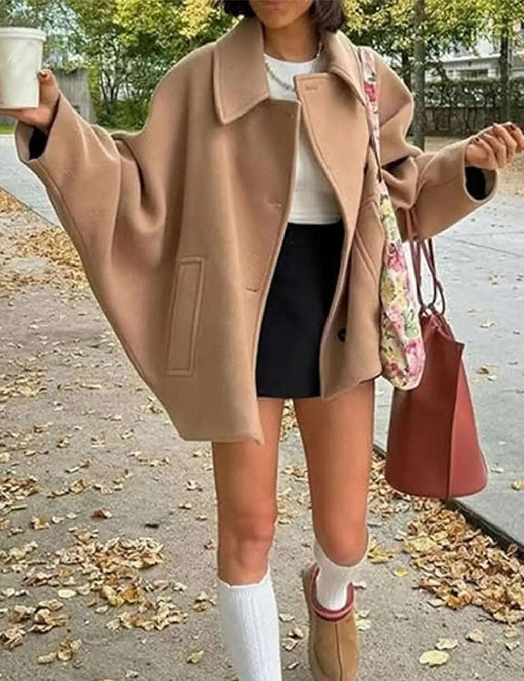 2025 Women's Oblique Button Loose Batwing Sleeve Jacket Coat Lapel Double Pocket Warm Solid Vintage Outerwear Fall Winter Coat