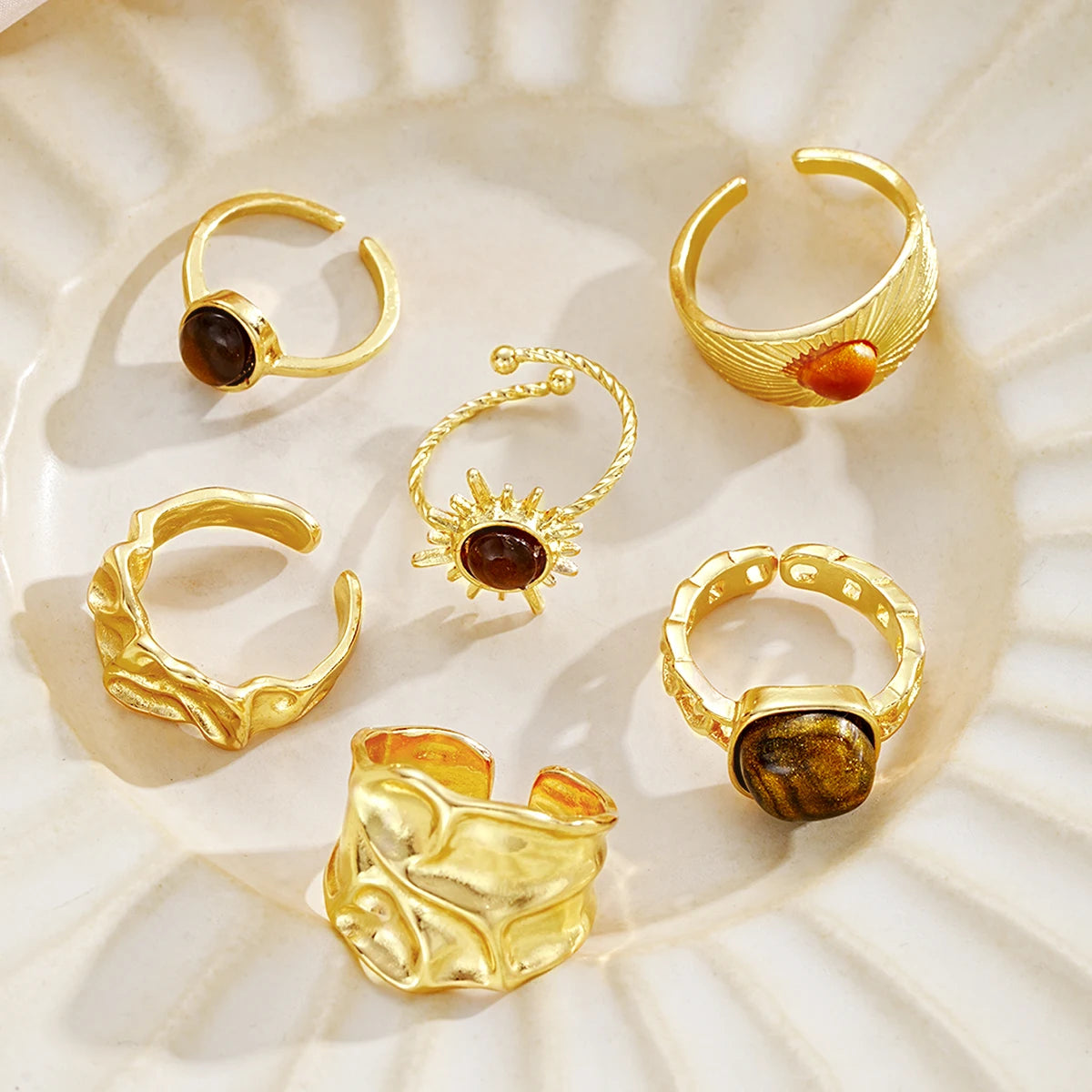 6pcs Sunflower Tiger Eye Stone Ring Set for Women Vintage Irregular Gold Color Aesthetic Open Rings Fashion Party Jewelry Gifts