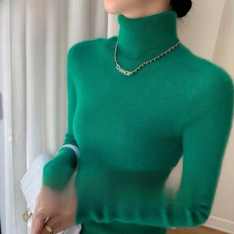 Autumn Winter Thiened Slim Fit Camere Sweater High Collar Knitted Woolen Base irt Pure Color Commute Sle Long Sve