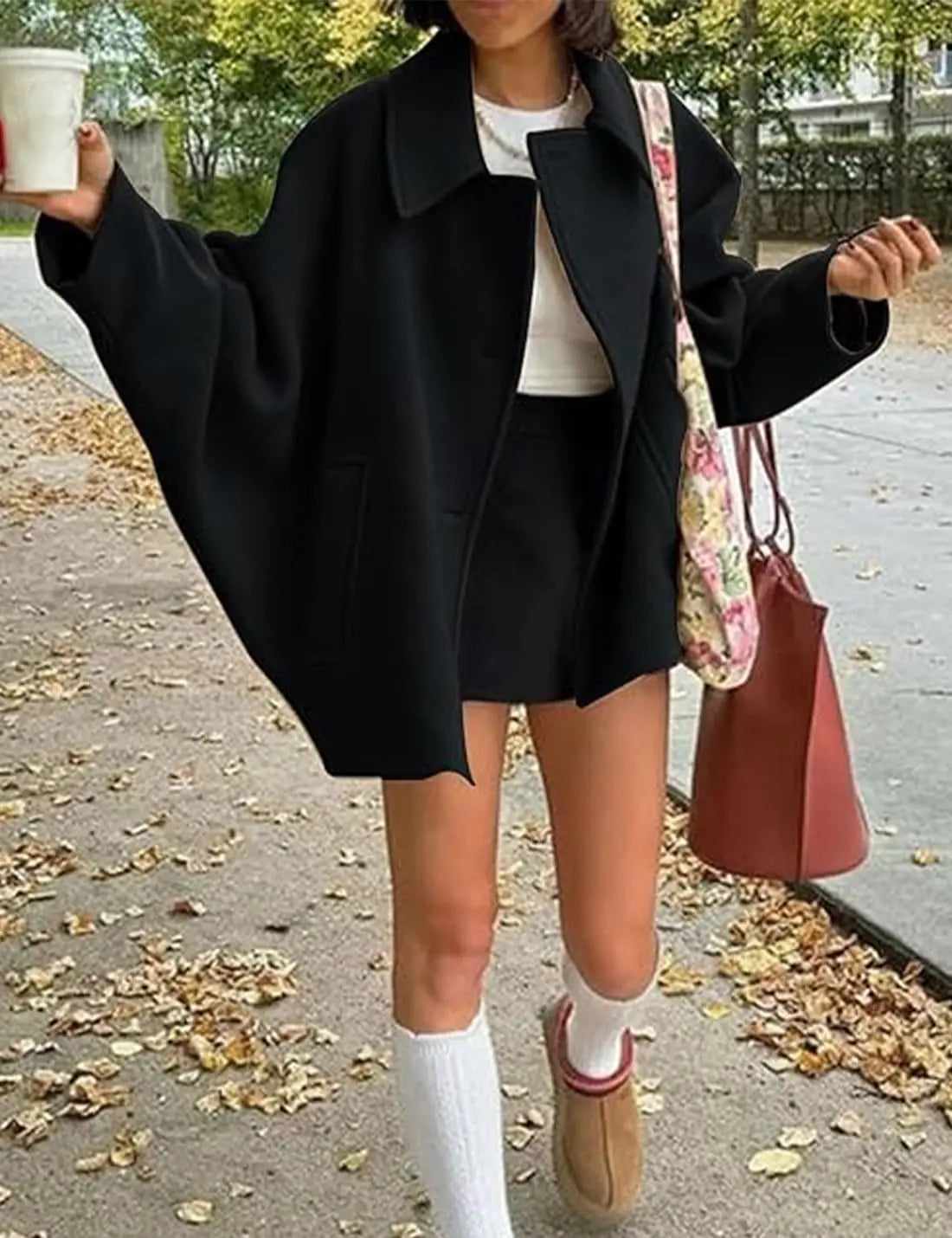 2025 Women's Oblique Button Loose Batwing Sleeve Jacket Coat Lapel Double Pocket Warm Solid Vintage Outerwear Fall Winter Coat