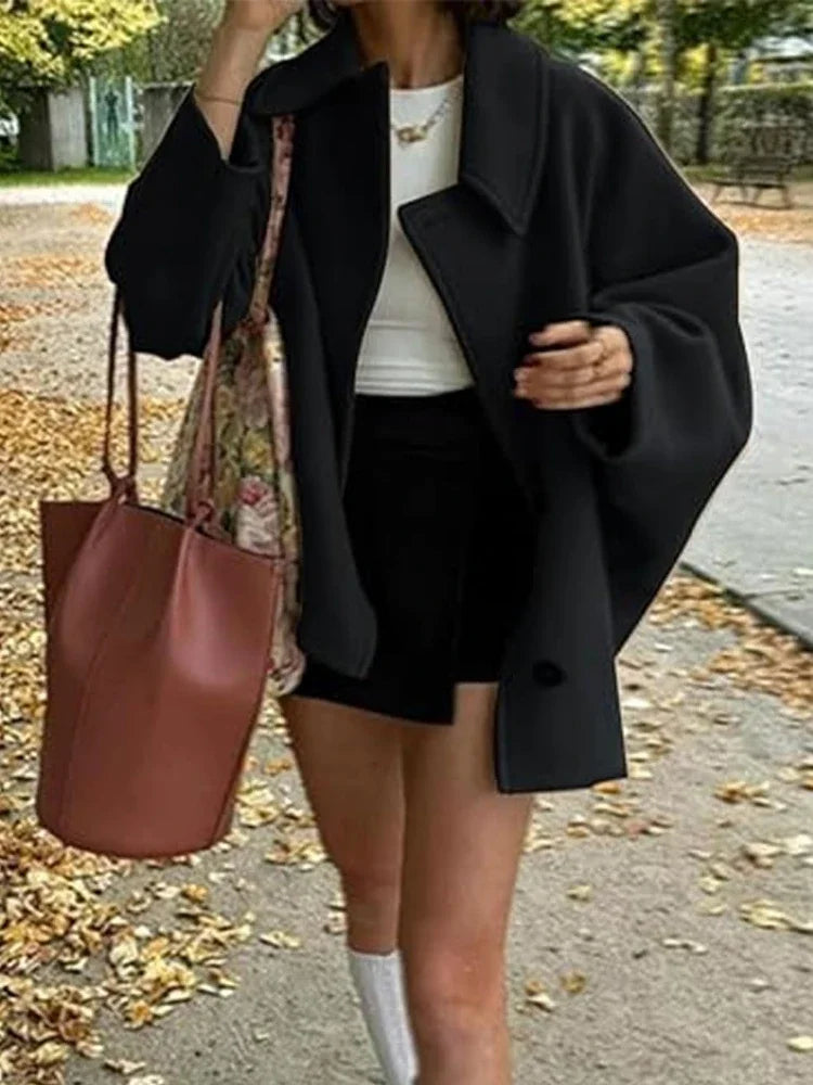2025 Women's Oblique Button Loose Batwing Sleeve Jacket Coat Lapel Double Pocket Warm Solid Vintage Outerwear Fall Winter Coat
