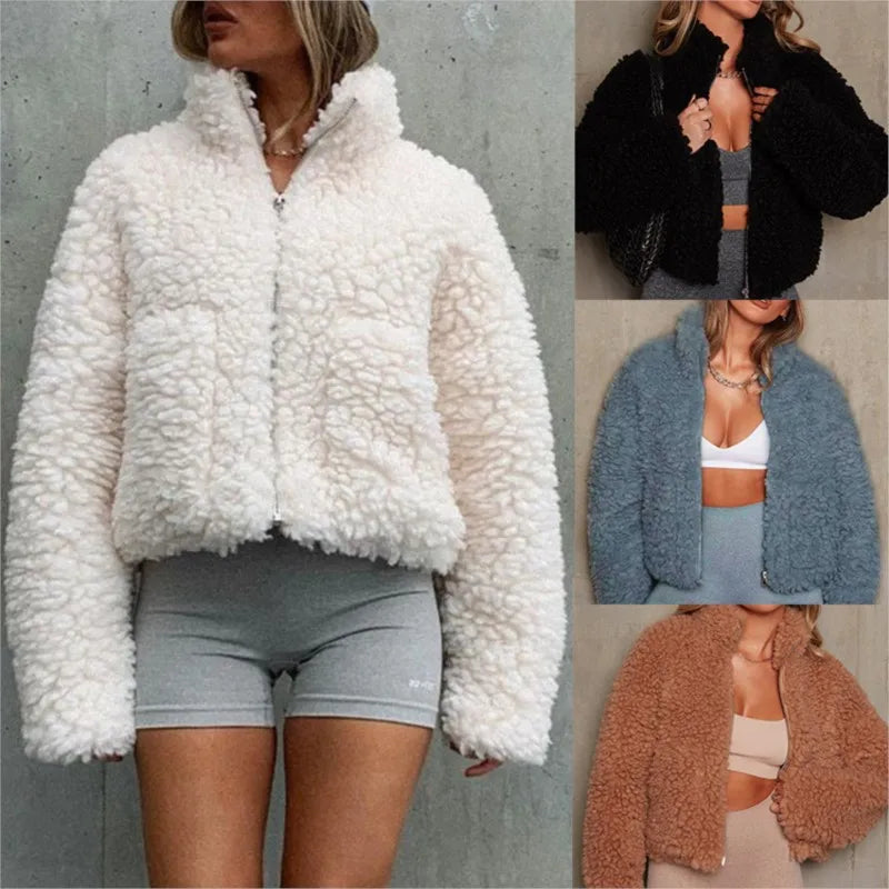 Casual stand up collar zipper pocket long sleeved Lamb Wool jacket autumn and winter women's fashionable warm short solid coat