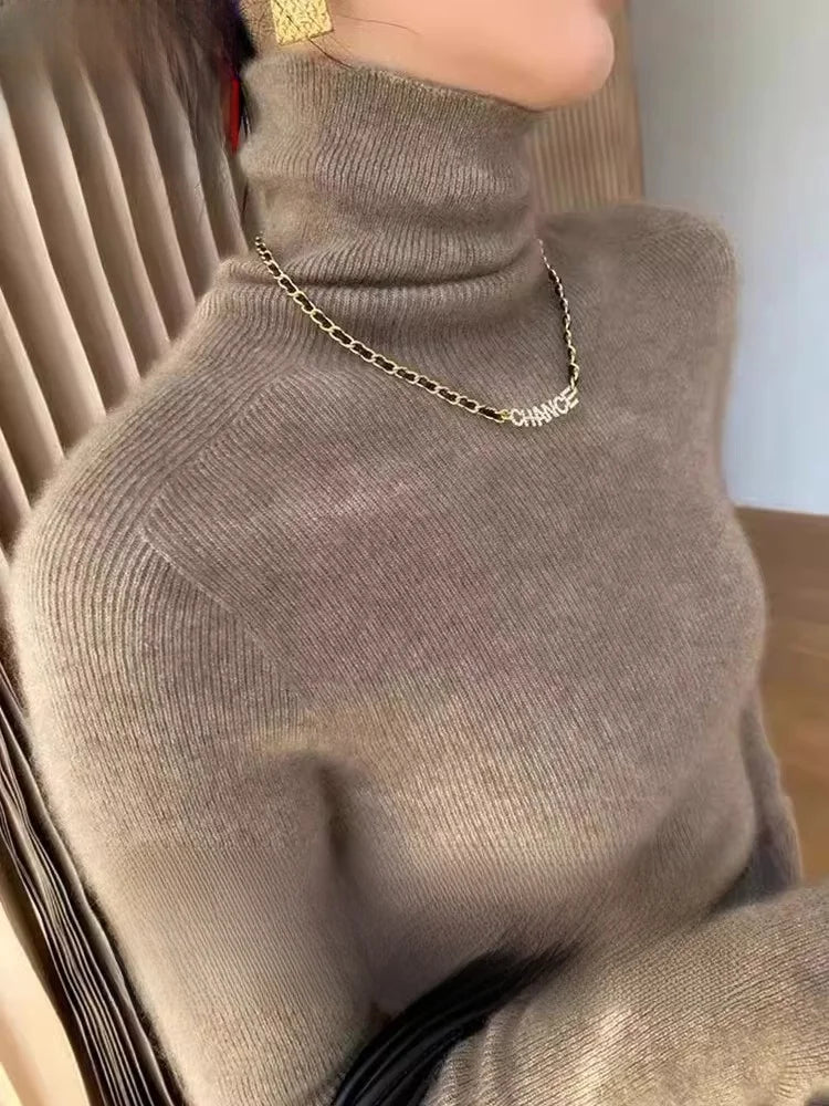 Autumn Winter Thiened Slim Fit Camere Sweater High Collar Knitted Woolen Base irt Pure Color Commute Sle Long Sve