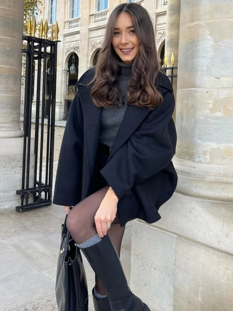 2025 Women's Oblique Button Loose Batwing Sleeve Jacket Coat Lapel Double Pocket Warm Solid Vintage Outerwear Fall Winter Coat