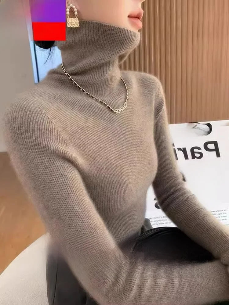 Autumn Winter Thiened Slim Fit Camere Sweater High Collar Knitted Woolen Base irt Pure Color Commute Sle Long Sve