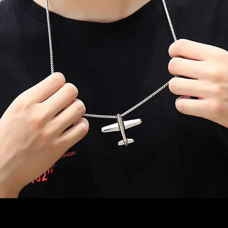 Stylish Aircraft Necklace Men Stainless Steel Link 70cm Long Pendant Collar Outdoor Leisure Neck Accessories Boyfriend Gift