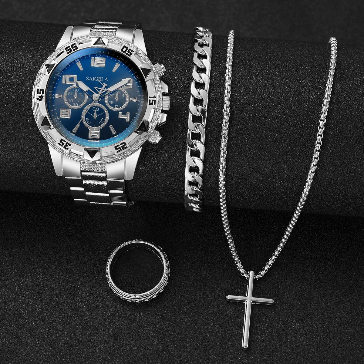 4pcs/set Men's Watches Fashion Arabic Dial Quartz Watch Male's Silver Band Wristwatches Jewelry Set (Without Box）