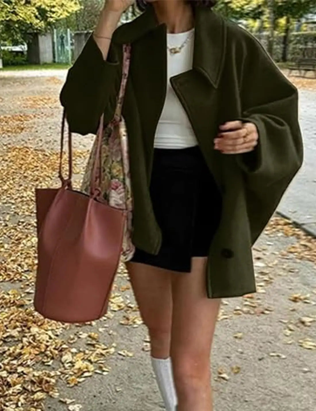 2025 Women's Oblique Button Loose Batwing Sleeve Jacket Coat Lapel Double Pocket Warm Solid Vintage Outerwear Fall Winter Coat