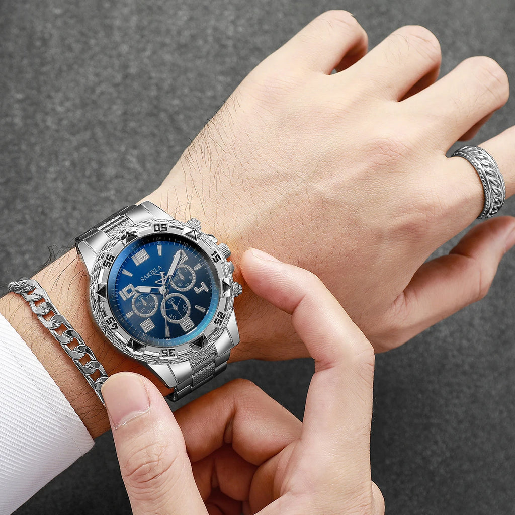 4pcs/set Men's Watches Fashion Arabic Dial Quartz Watch Male's Silver Band Wristwatches Jewelry Set (Without Box）