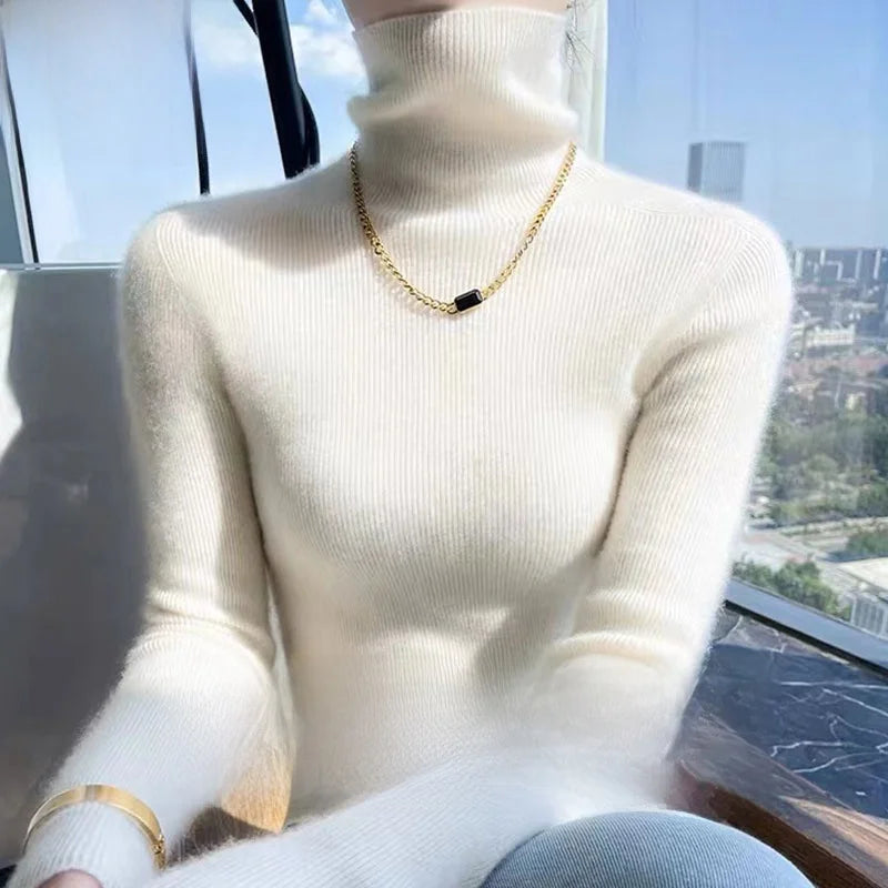 Autumn Winter Thiened Slim Fit Camere Sweater High Collar Knitted Woolen Base irt Pure Color Commute Sle Long Sve