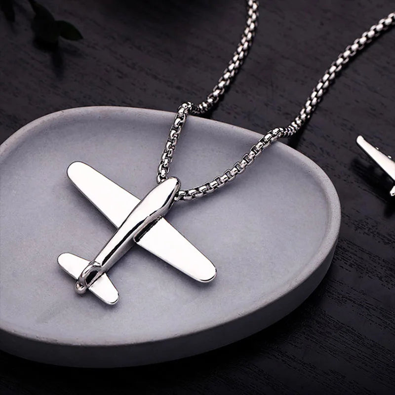 Stylish Aircraft Necklace Men Stainless Steel Link 70cm Long Pendant Collar Outdoor Leisure Neck Accessories Boyfriend Gift