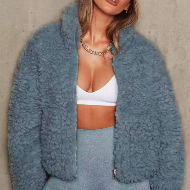 Casual stand up collar zipper pocket long sleeved Lamb Wool jacket autumn and winter women's fashionable warm short solid coat