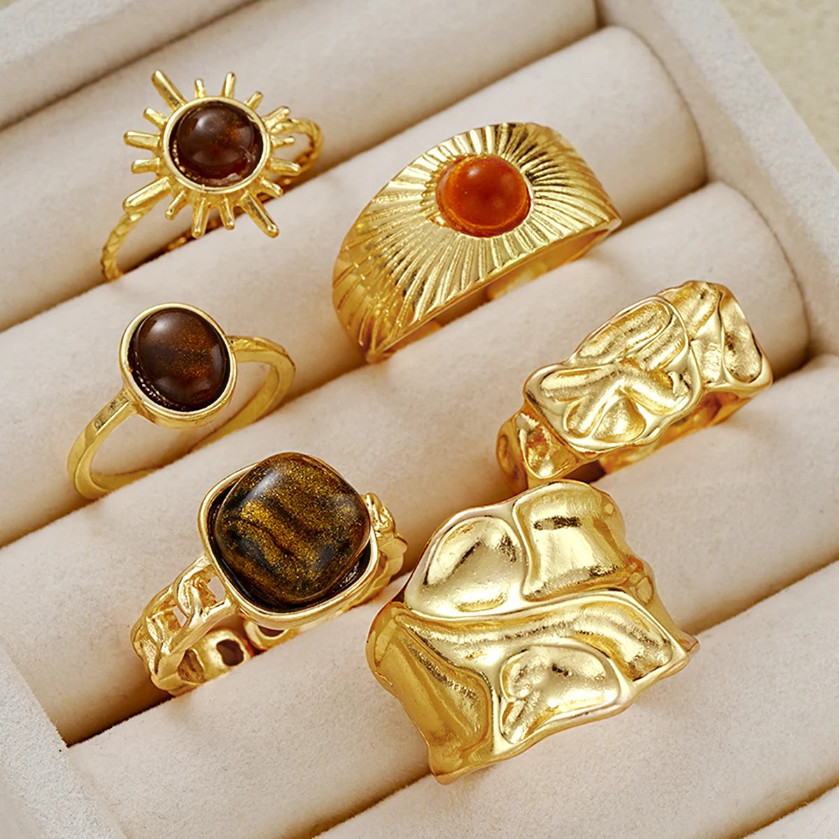 6pcs Sunflower Tiger Eye Stone Ring Set for Women Vintage Irregular Gold Color Aesthetic Open Rings Fashion Party Jewelry Gifts