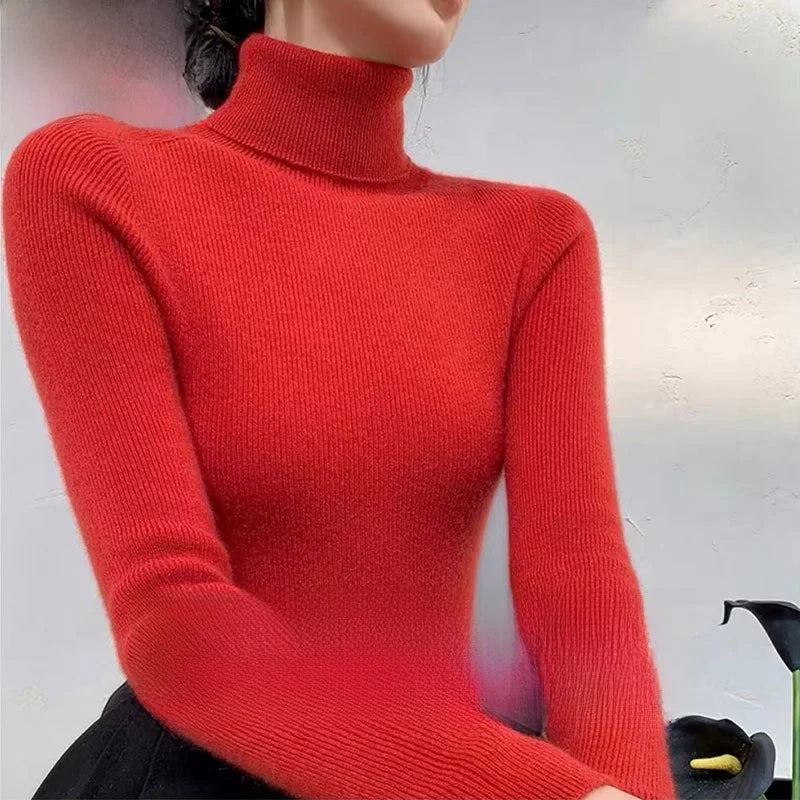 Autumn Winter Thiened Slim Fit Camere Sweater High Collar Knitted Woolen Base irt Pure Color Commute Sle Long Sve