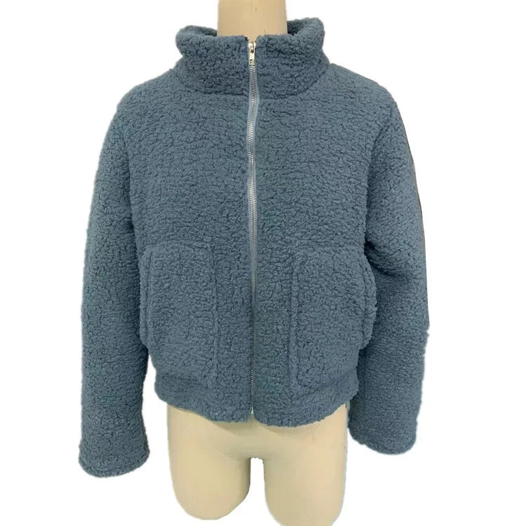 Casual stand up collar zipper pocket long sleeved Lamb Wool jacket autumn and winter women's fashionable warm short solid coat