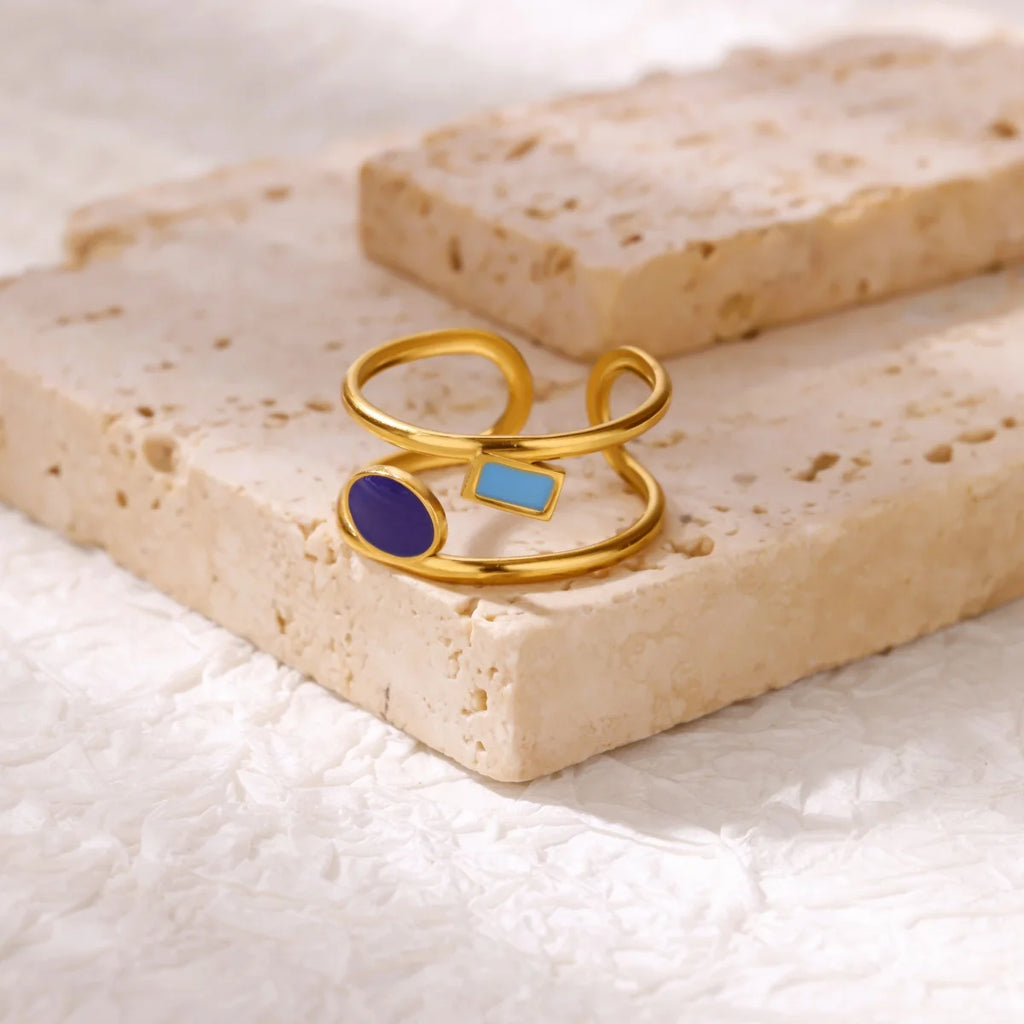 Square Teardrop Double Open Rings For Women Gold Color Stainless Steel Geometric Ring Aesthetic Wedding Christmas Jewelry Gift