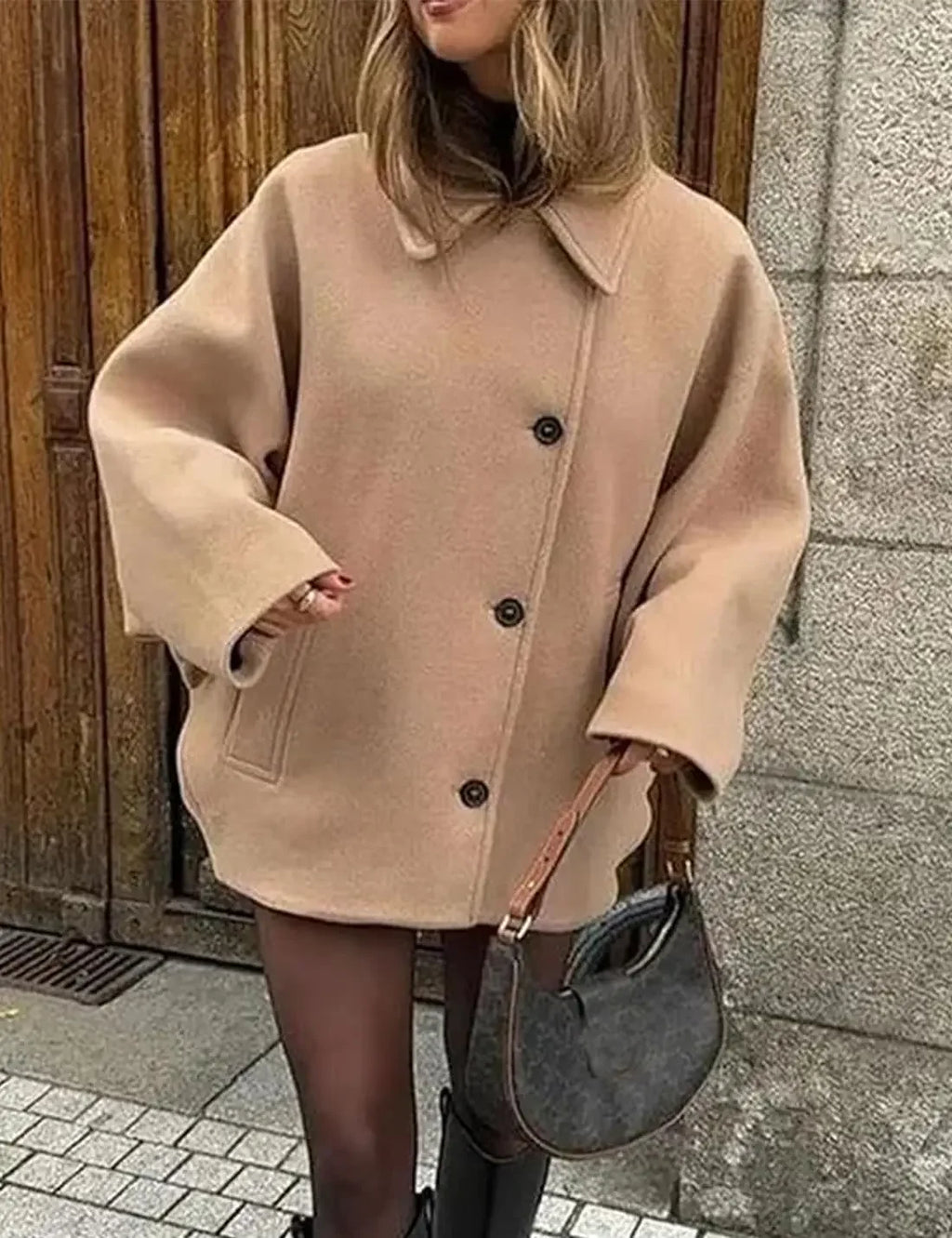 2025 Women's Oblique Button Loose Batwing Sleeve Jacket Coat Lapel Double Pocket Warm Solid Vintage Outerwear Fall Winter Coat