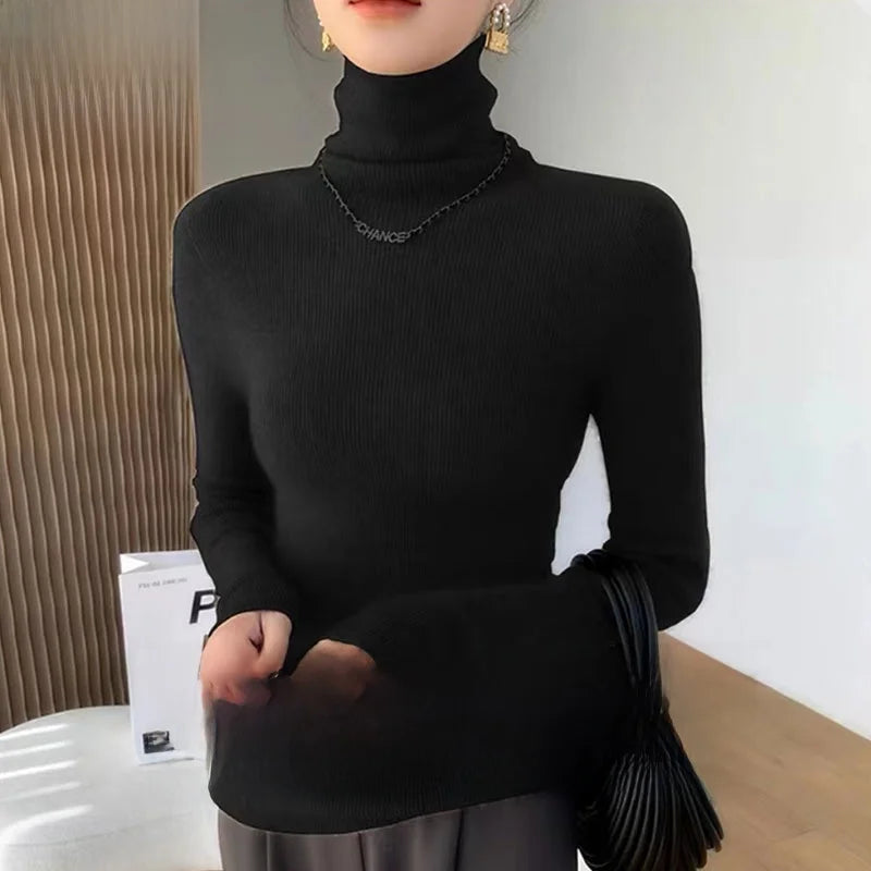 Autumn Winter Thiened Slim Fit Camere Sweater High Collar Knitted Woolen Base irt Pure Color Commute Sle Long Sve