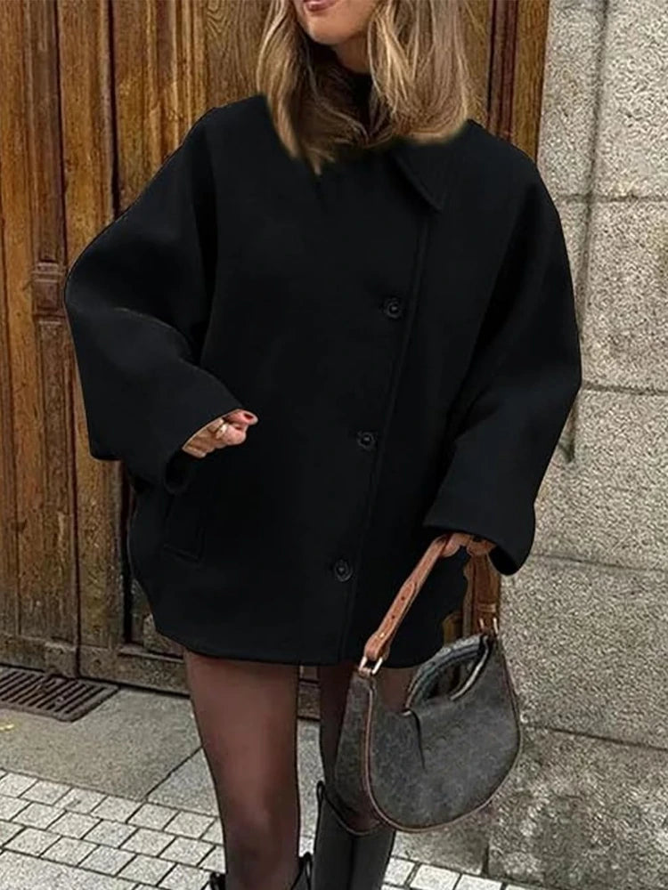 2025 Women's Oblique Button Loose Batwing Sleeve Jacket Coat Lapel Double Pocket Warm Solid Vintage Outerwear Fall Winter Coat