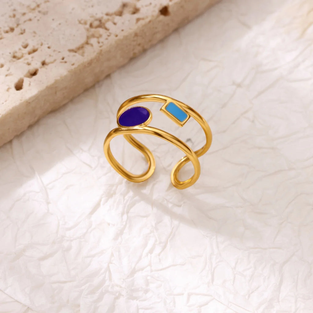 Square Teardrop Double Open Rings For Women Gold Color Stainless Steel Geometric Ring Aesthetic Wedding Christmas Jewelry Gift