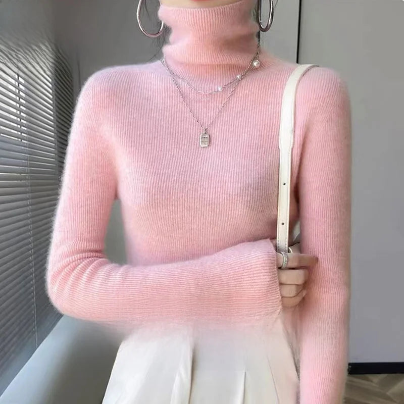 Autumn Winter Thiened Slim Fit Camere Sweater High Collar Knitted Woolen Base irt Pure Color Commute Sle Long Sve