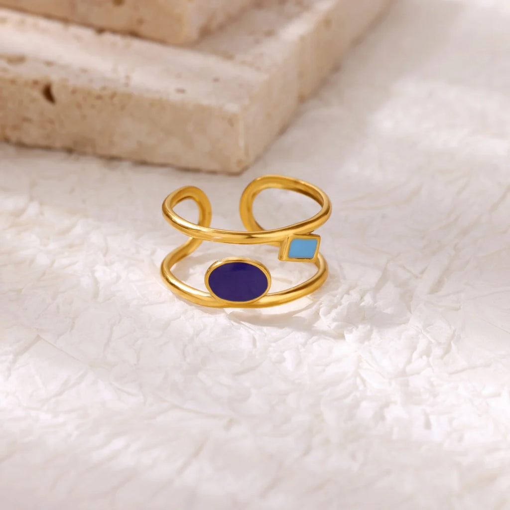 Square Teardrop Double Open Rings For Women Gold Color Stainless Steel Geometric Ring Aesthetic Wedding Christmas Jewelry Gift