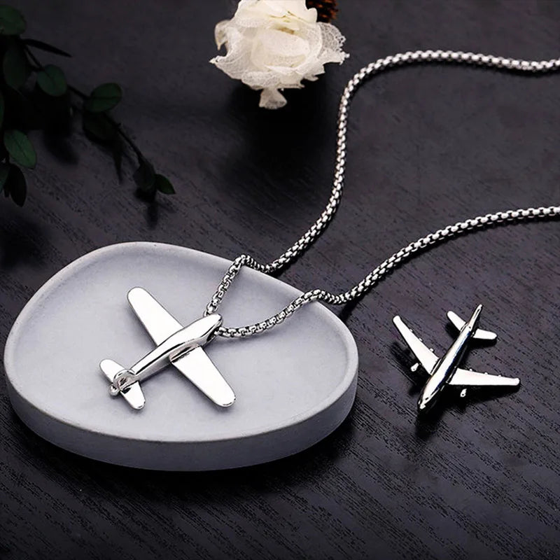 Stylish Aircraft Necklace Men Stainless Steel Link 70cm Long Pendant Collar Outdoor Leisure Neck Accessories Boyfriend Gift