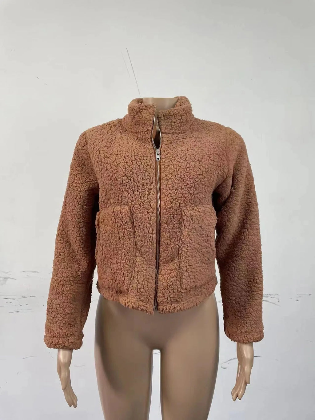 Casual stand up collar zipper pocket long sleeved Lamb Wool jacket autumn and winter women's fashionable warm short solid coat