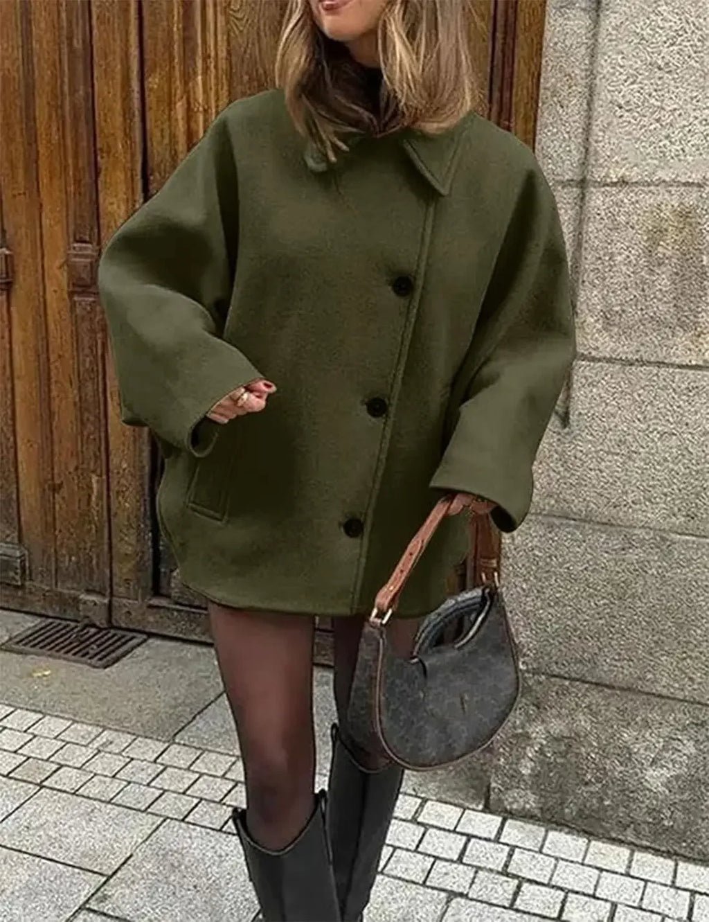 2025 Women's Oblique Button Loose Batwing Sleeve Jacket Coat Lapel Double Pocket Warm Solid Vintage Outerwear Fall Winter Coat